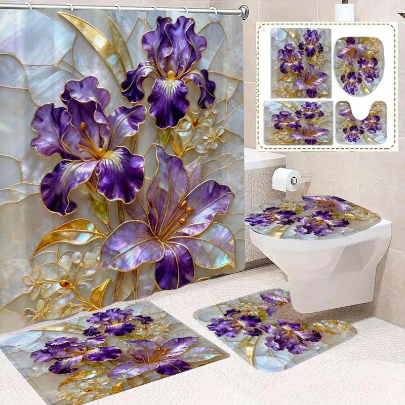2D Flat, 4pcs Artistic 2D Bathroom Set, Featuring High-Quality Bathroom Decorations And Additions, Including a Non-Slip, a U-Shaped, a Toilet Seat, And a Shower Curtain with 12 Hooks