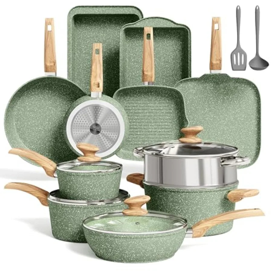Pots and Pans Set Non Stick, 17 Pcs Induction Kitchen Cookware Sets, Non Toxic Granite Pan Sets for Cooking Nonstick