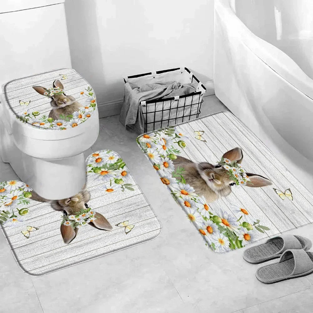 Happy Easter Bath Rug Set With Bunny Truck Eggs Decor