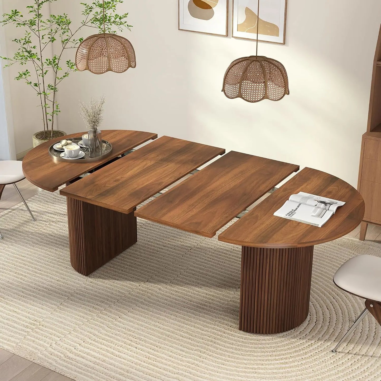 41 in-78 in Extendable Dining Room Table for 4-8, Round Expandable Kitchen Table with Fluted Base, Modern Farmhouse Oval Dinner