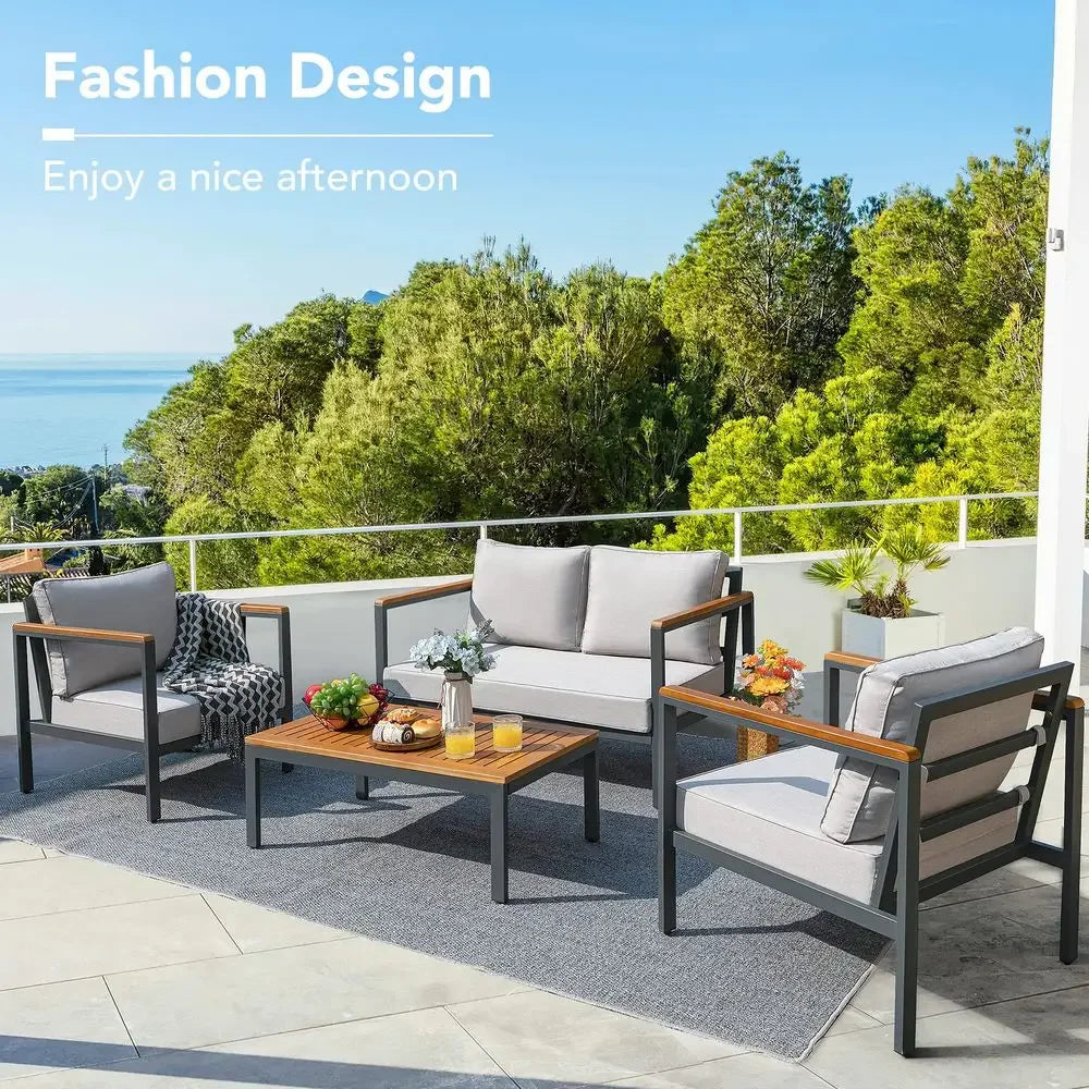 4 Pieces Patio Furniture Sets Outdoor Conversation Set Acacia Wood Sofa Set with Coffee Table Thicker Sponge Cushion