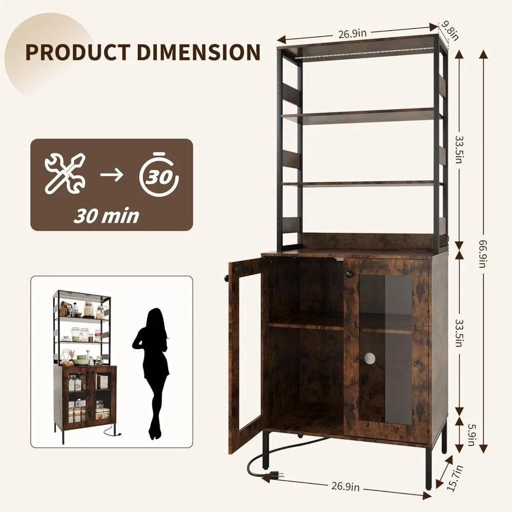 LED Kitchen Pantry Cabinet With Power Outlet And Glass Doors