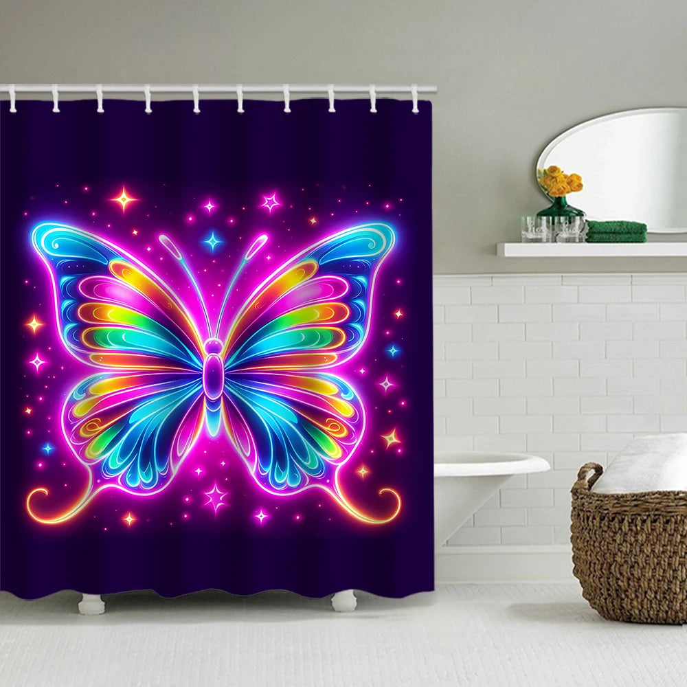 Colorful Butterfly Shower Curtain With Carpet And Toilet Lid