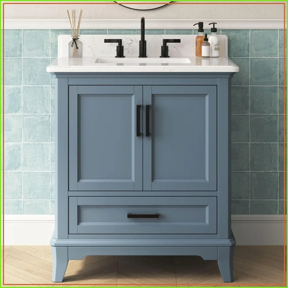 30'' Bathroom Vanity with Sink, Single Sink, Solid Wood Frame, Soft Close Doors, Dovetail Drawer, Steel Blue