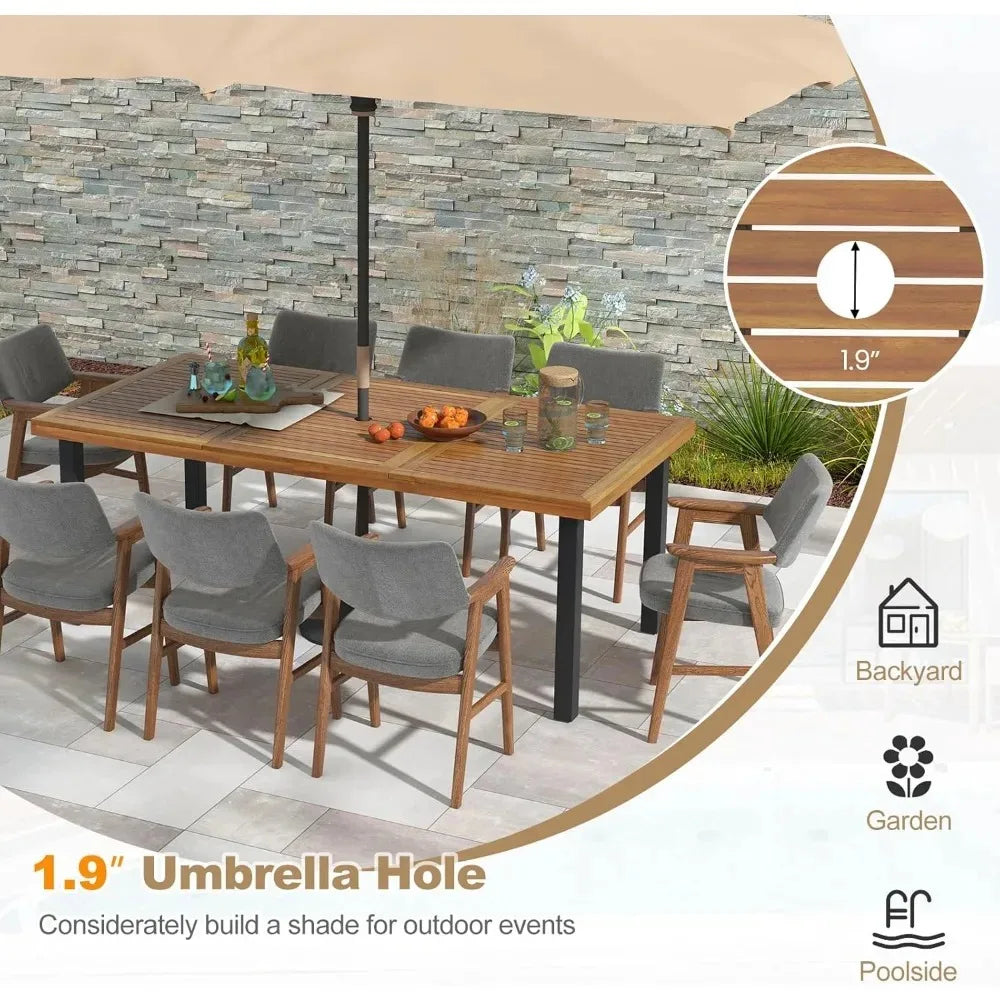 Acacia Wood Patio Dining Table With Umbrella Hole Metal Legs