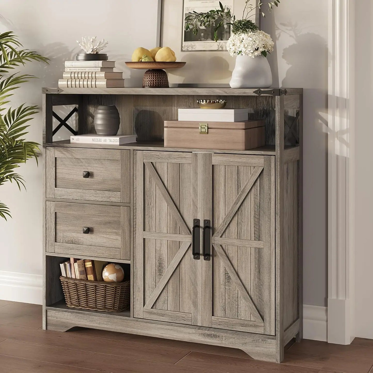 Farmhouse Storage Cabinet With Drawers And Barn Doors