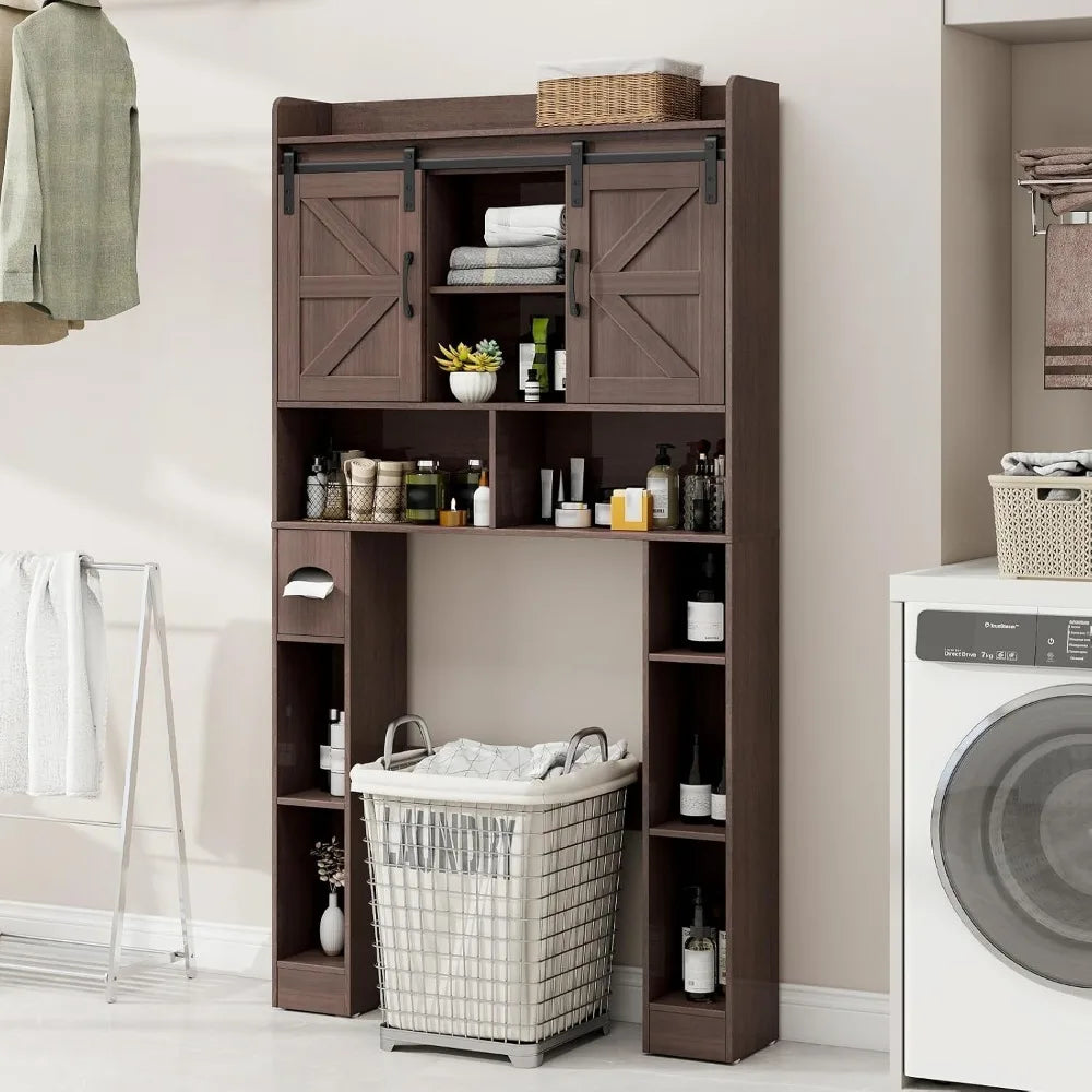 Farmhouse Over Toilet Storage Cabinet with Sliding Doors, Space-Saving Bathroom Shelf, Espresso