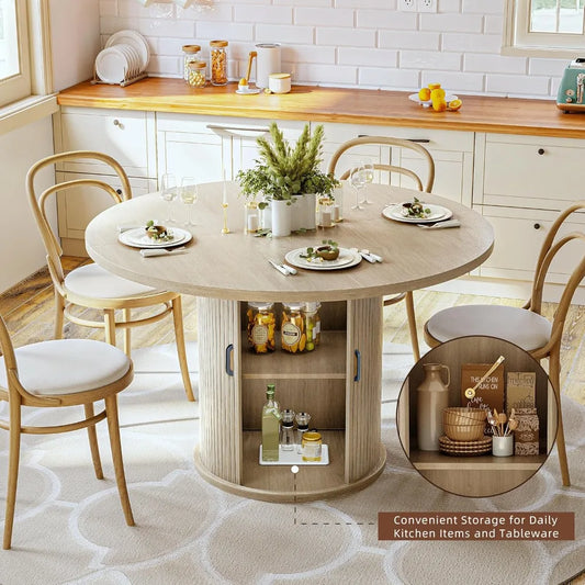 Round Dining Table For 4-6 With Storage Shelf And Wood Slide Door In Oak