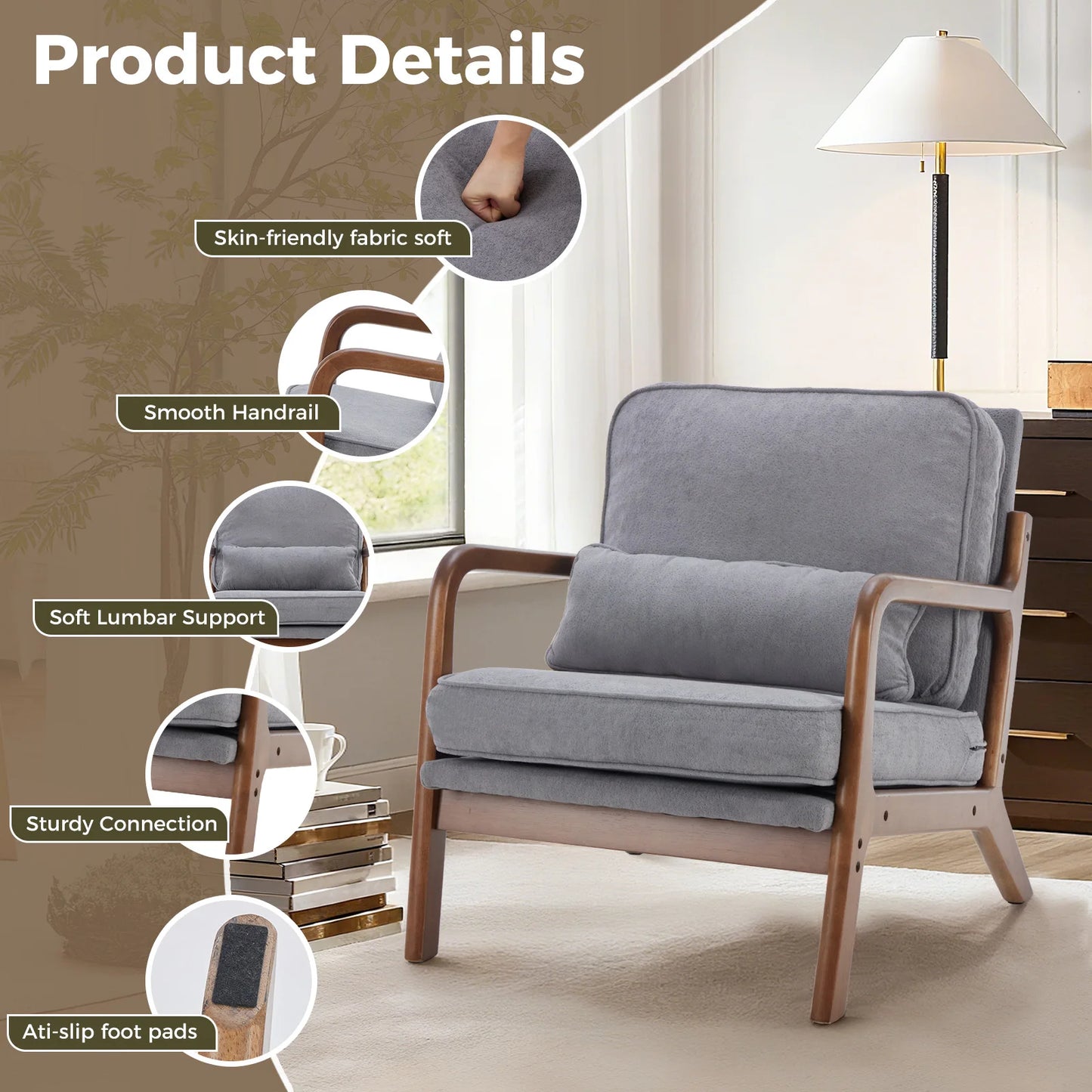 JHK Mid Century Modern Wooden Frame Accent Chair Waist Cushion