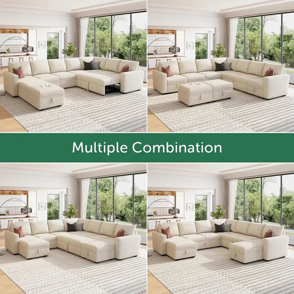 Beige Oversized Sleeper Sofa with Pull-Out Couch and Storage Sectional