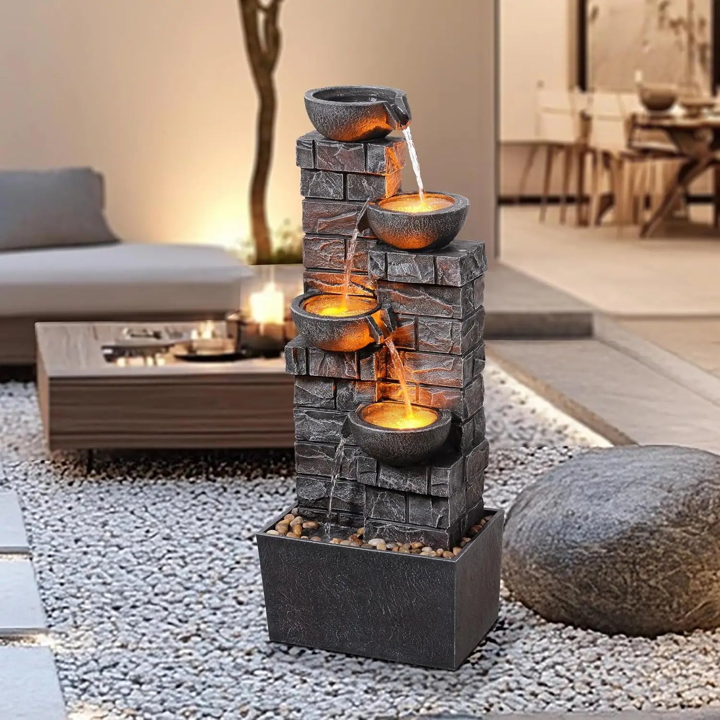 33.5 Inch Water Fountain 4-Tier Cascading Bowls with LED Lights, Indoor Outdoor Decorative Floor Standing Resin Waterfall