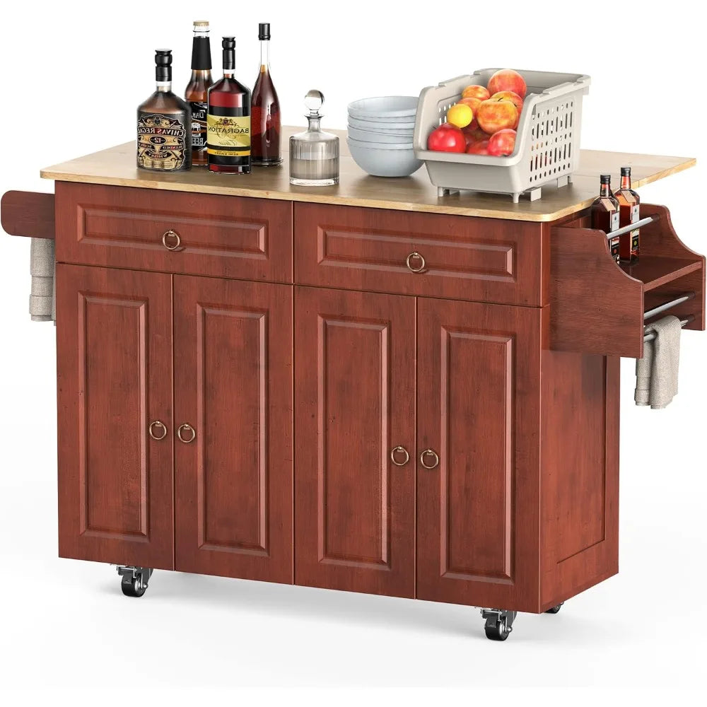 Kitchen Island Cart on Wheels with Drop Leaf Countertop Lockable Casters Two Drawers Storage Cabinet Double Doors Brown