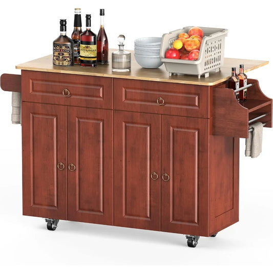 Kitchen Island Cart on Wheels with Drop Leaf Countertop Lockable Casters Two Drawers Storage Cabinet Double Doors Brown