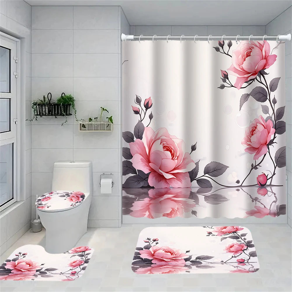 Flower Bird Shower Curtain Set With Carpet And Toilet Seat
