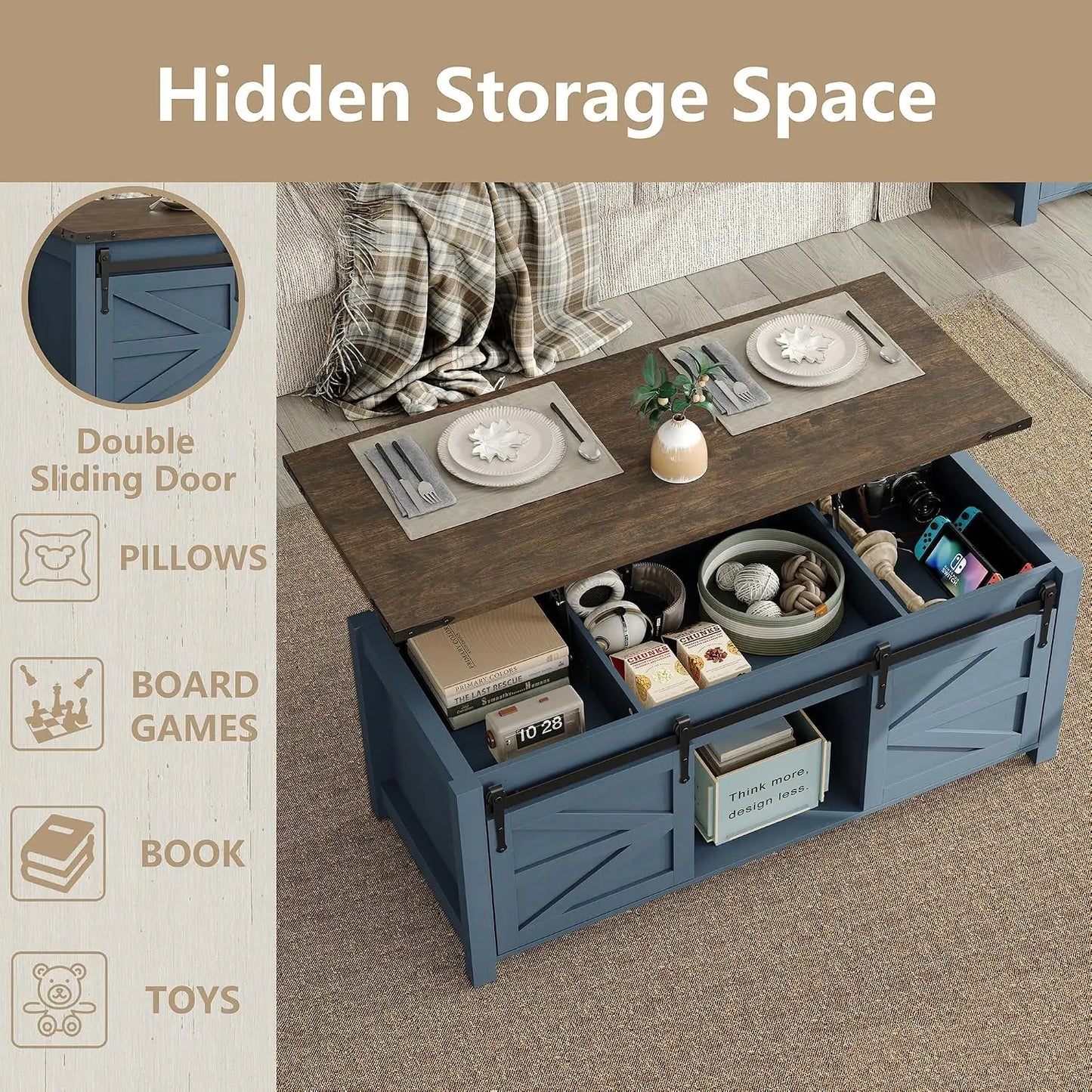 Furnihold Lift Top Coffee Table, 47.3'' Farmhouse Coffee Table with Large Hidden Storage Compartment & Sliding Barn Doors, Wood