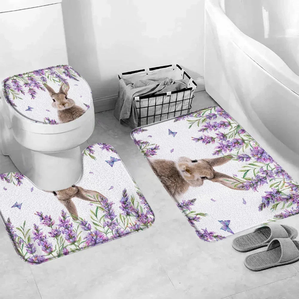 Happy Easter Bath Rug Set With Bunny Truck Eggs Decor