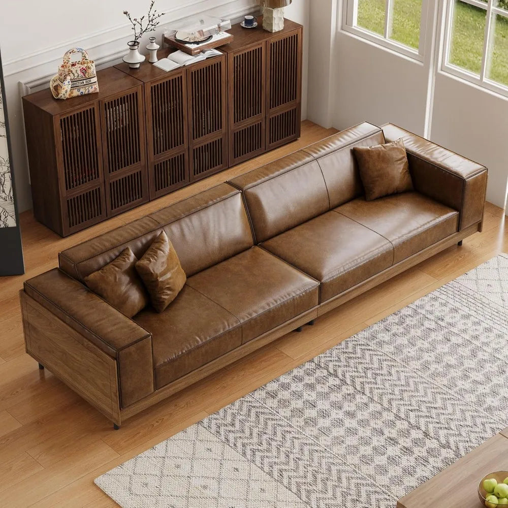 Mid Century Leather Sofa With Wooden Sides And Back