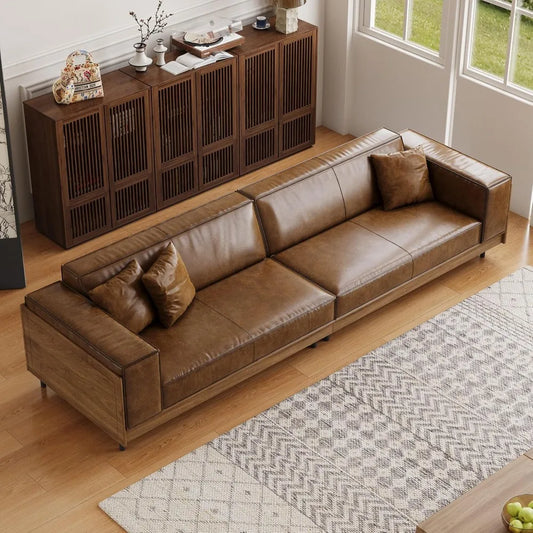 Mid Century Leather Sofa With Wooden Sides And Back