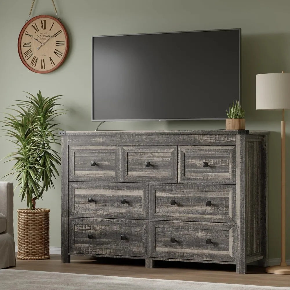 7 Drawer Dresser, Modern Wood Storage Chest, Bedroom Organizer with Metal Handles
