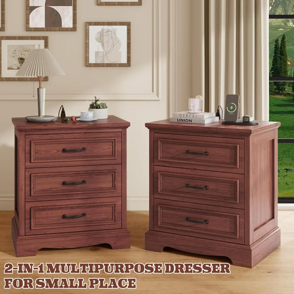 21.7" Farmhouse Nightstand Set of 2 with Charging Station, 3 Drawers, USB-C, End Table for Bedroom Living Room, Cherry Brown