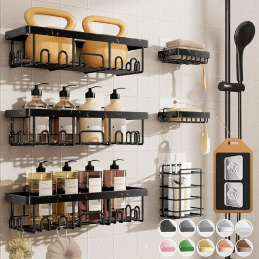 Shower Caddy 6-Pack, Advanced Rustproof Design, No Drilling Adhesive Shelves, Rack with Soap Holder, Large Capacity Bathroom Or