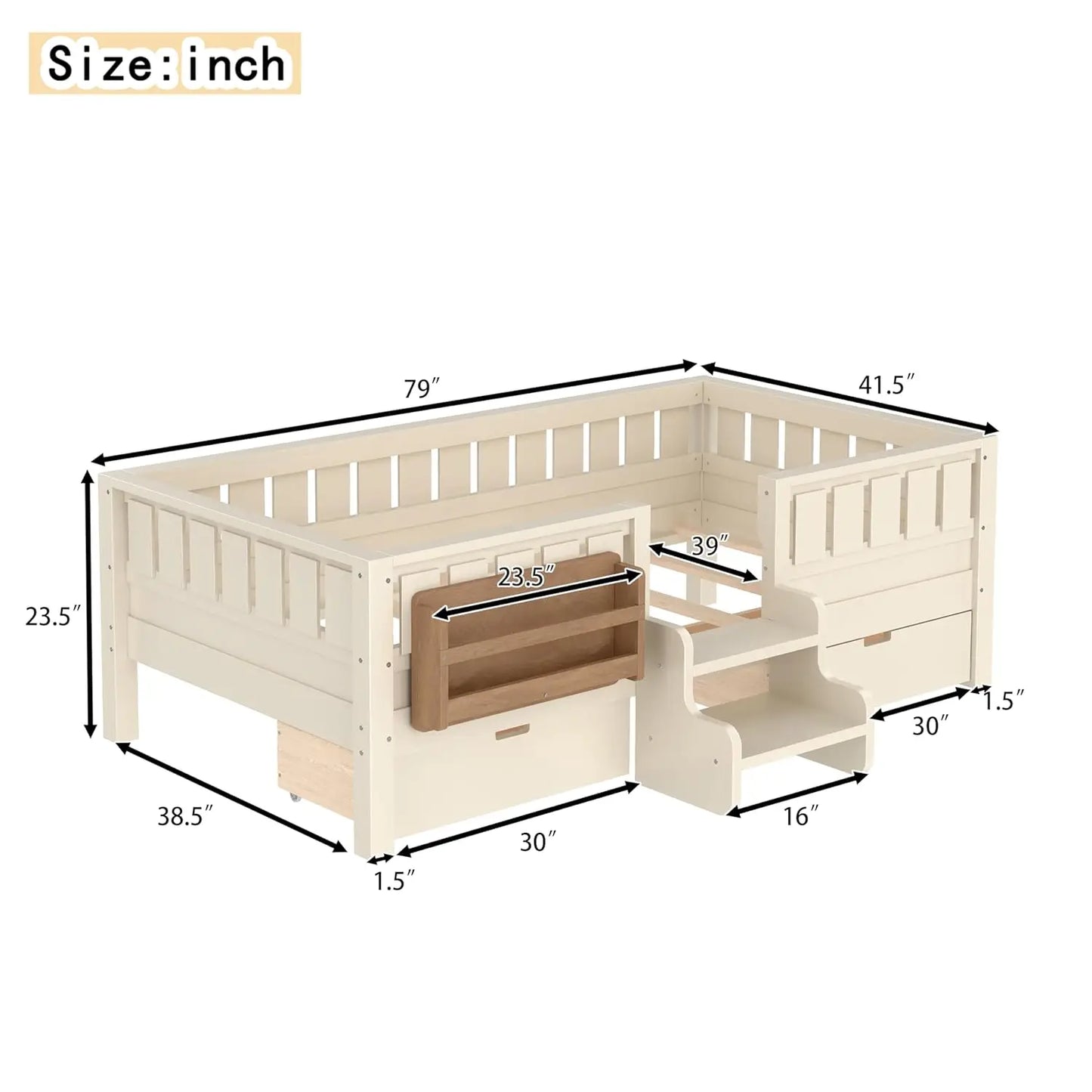 Twin Kids Bed With High Rails Built In Bookshelf Storage Wood Montessori