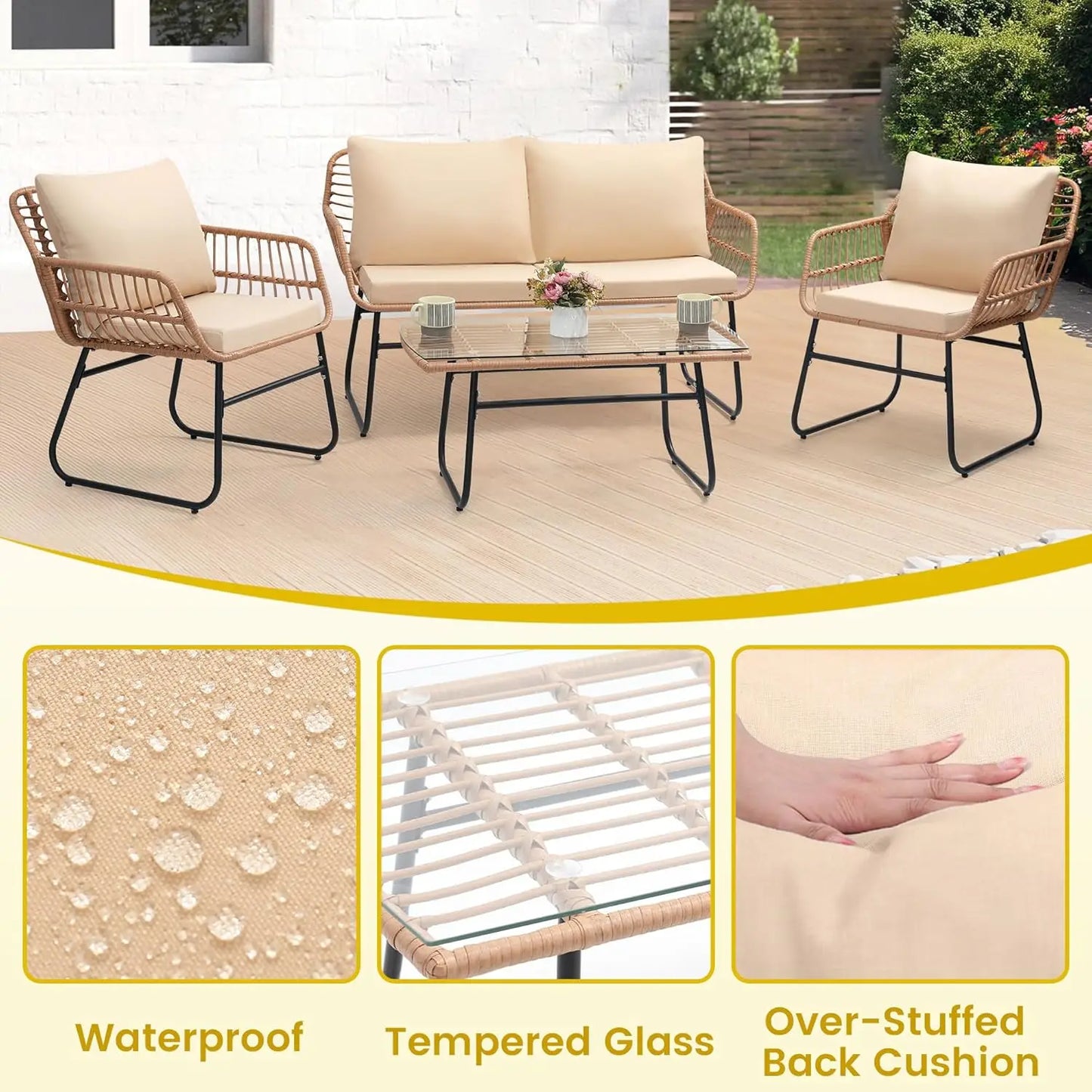 4 Piece Patio Bistro Outdoor Furniture Set, Wicker Sofa, 2 Rattan Chairs, and Table, Backyard Conversation Set, All, Customized