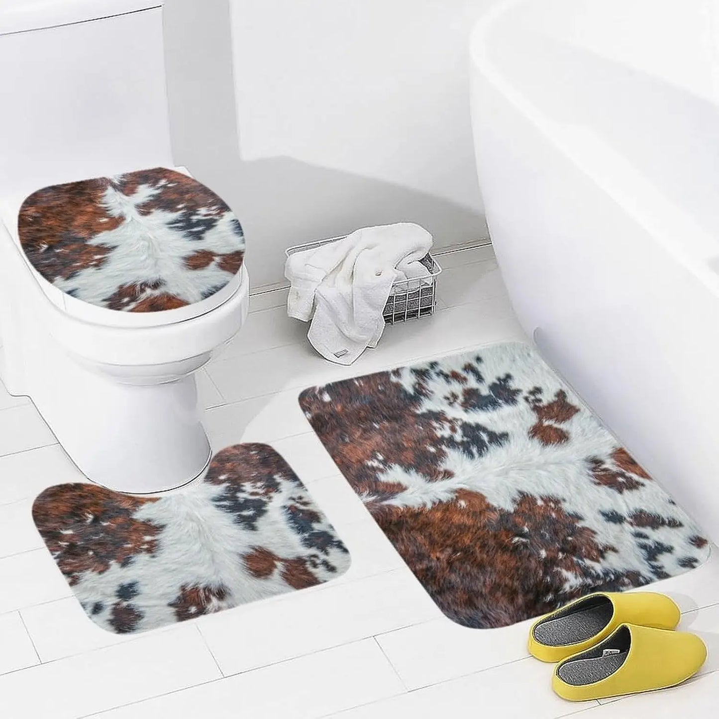 Cow Hide Print Bath Mat Ensemble With Non Slip Rug