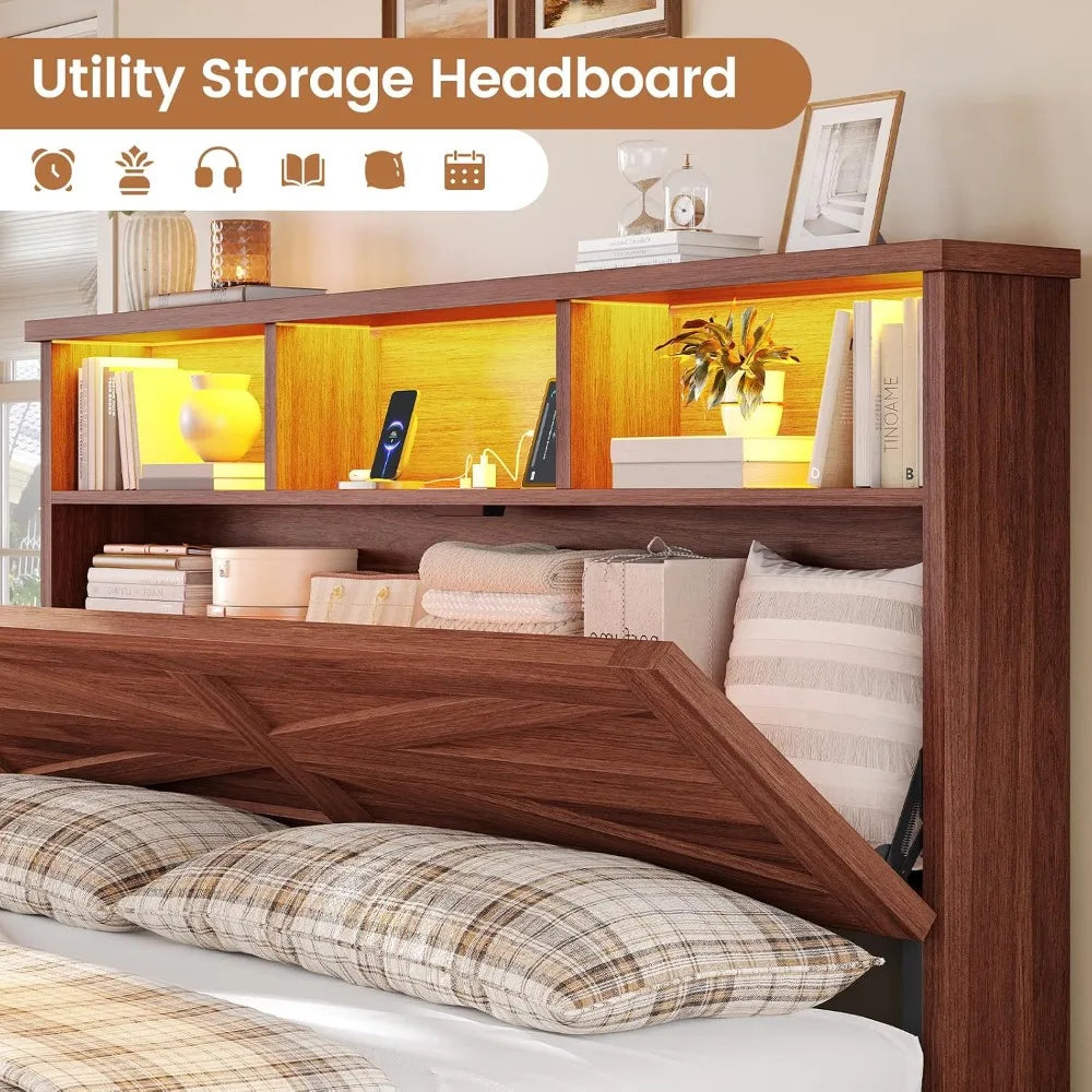 Queen Bed Frame with 6 Drawers, Farmhouse Bed Frame with Barn Door Headboard and Storage, Wood Platform Bed Frame, Customized