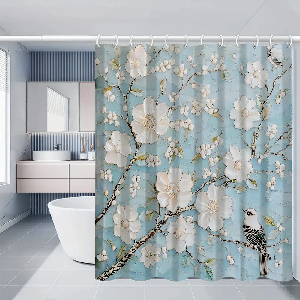 Flower Bird Shower Curtain Set With Carpet And Toilet Seat