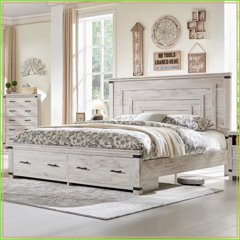Queen Bed Frame 54" Tall Geometric Headboard, Rustic Wood Platform w/ 2 Drawers, Wood Slats, No Box Spring Needed, Antique White
