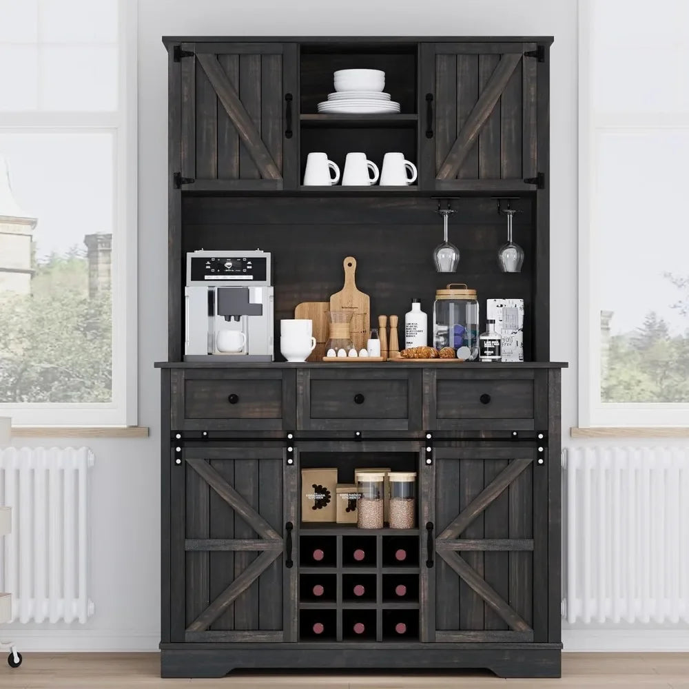 Farmhouse Tall Coffee Bar Cabinet With Sliding Barn Doors