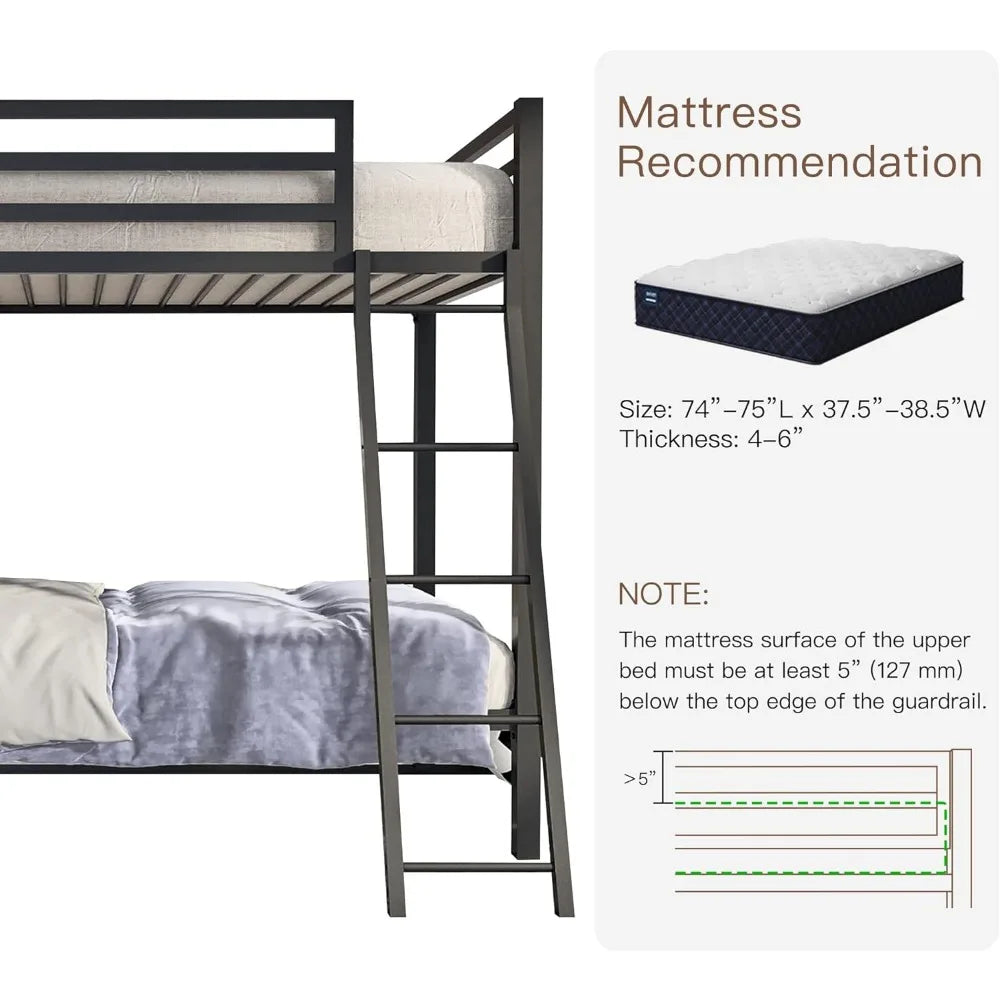 RBXC Metal Loft Bunk Bed Twin Over Twin With Guardrail