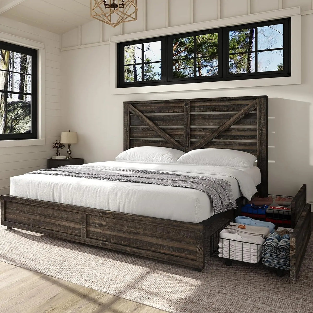 Farmhouse Queen Bed Frame with 4 Drawers, Wooden Platform Barn Door Headboard, Metal Slats, No Box Spring, White & Barnwood, Cus