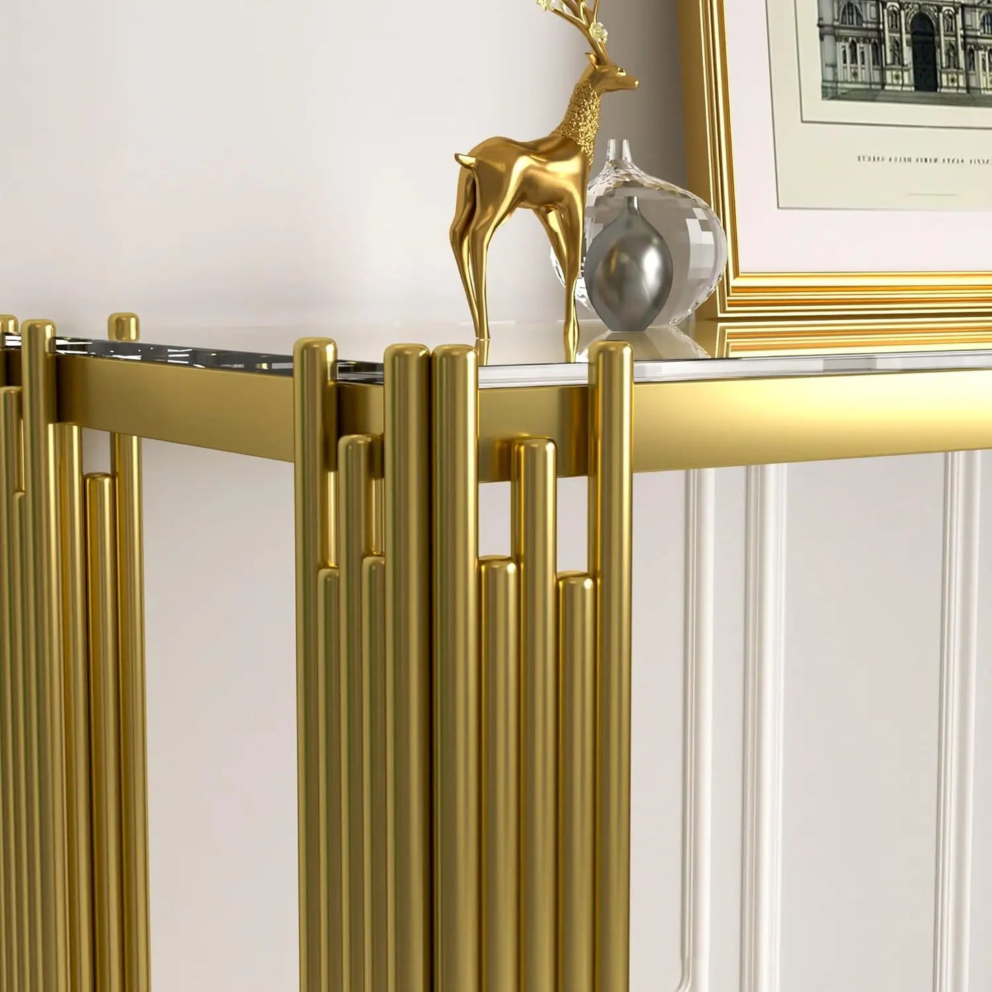 Glass Console Table With Metal Frame And Two Tier Shelf