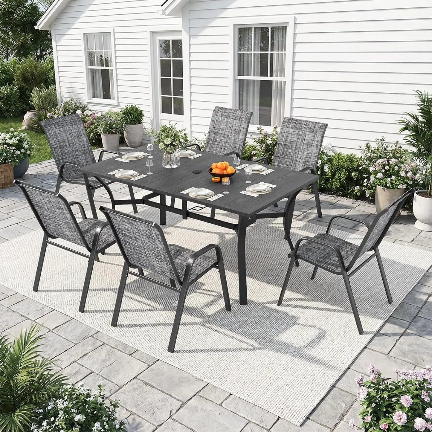 Outdoor Dining Set With Adjustable Umbrella Hole And Heavy Duty Metal Frame