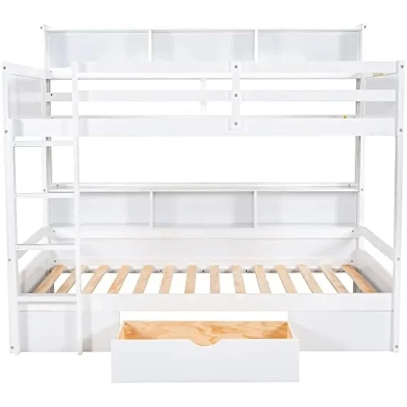 Twin over Twin Bunk Bed with Storage Drawer, Solid Wood Construction, Built-in Shelves on Each Side