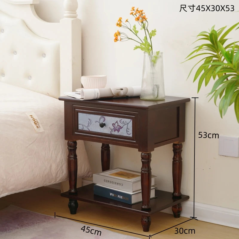 Solid Wood Vintage French Nightstand With Distressed Bedside Drawer