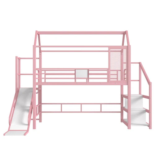 Twin House Loft bed with Slide and Stairs, Metal Playhouse Bed with Storage Shelves, House-shaped Roof and Noise-free Design
