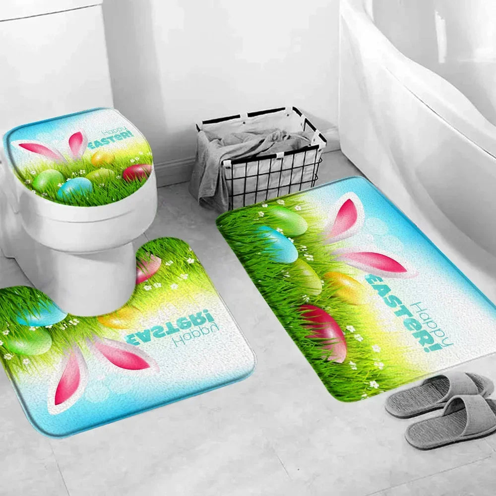 Happy Easter Bath Rug Set With Bunny Truck Eggs Decor
