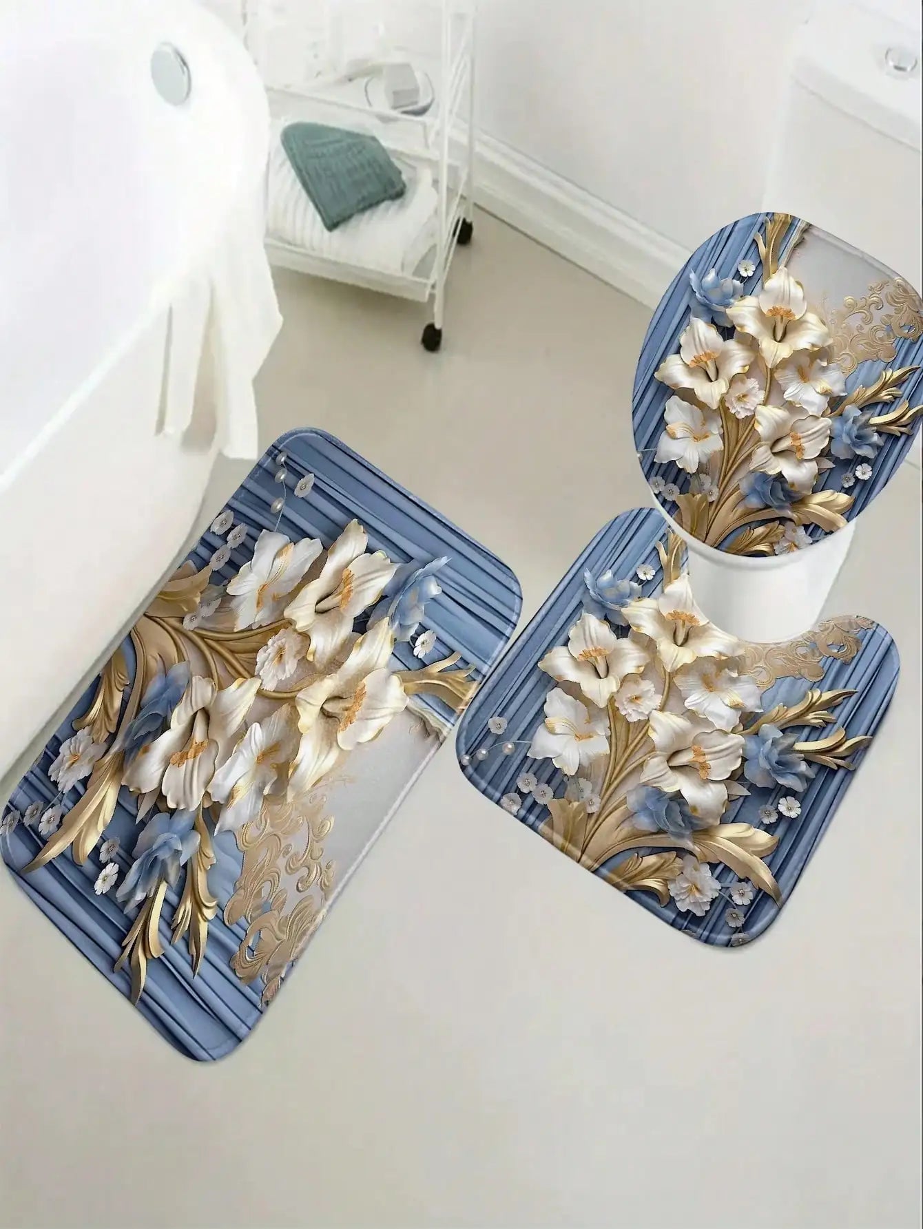 Plant Pattern Shower Curtain Set With U Shaped Mat