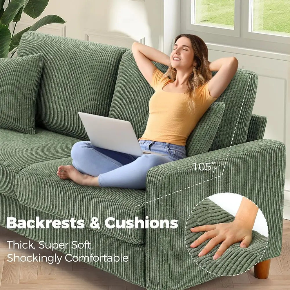 Corduroy 3 Piece Couch Set With Plush Loveseat And Pillows