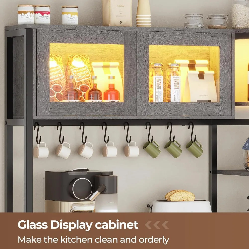 Farmhouse Coffee Bar Cabinet With Power Outlet And LED Light