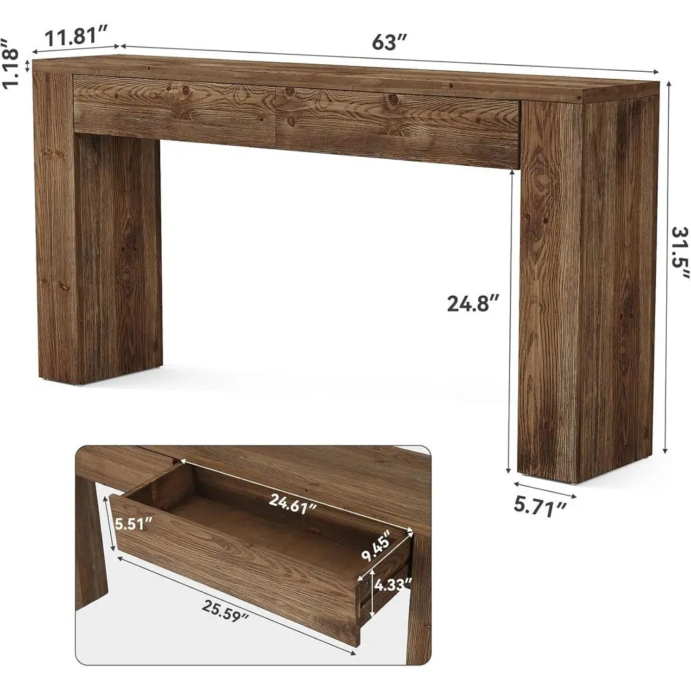 Sofa Table With 2 Drawers, Solid Wood Console For Entryway