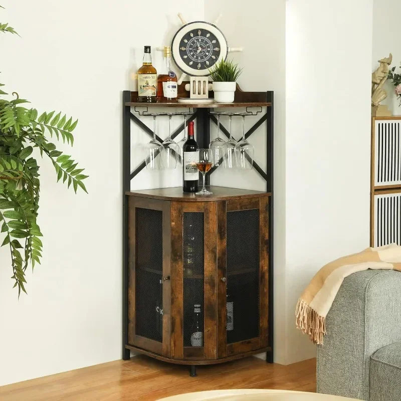 Metal Corner Wine Cabinet With Hanging Goblet Rack