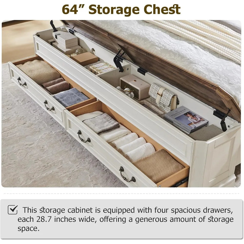 US Local Stock Best Choice Farmhouse Queen Bed with Headboard and Storage Chest Bench Rustic Wood Platform Bed with 64