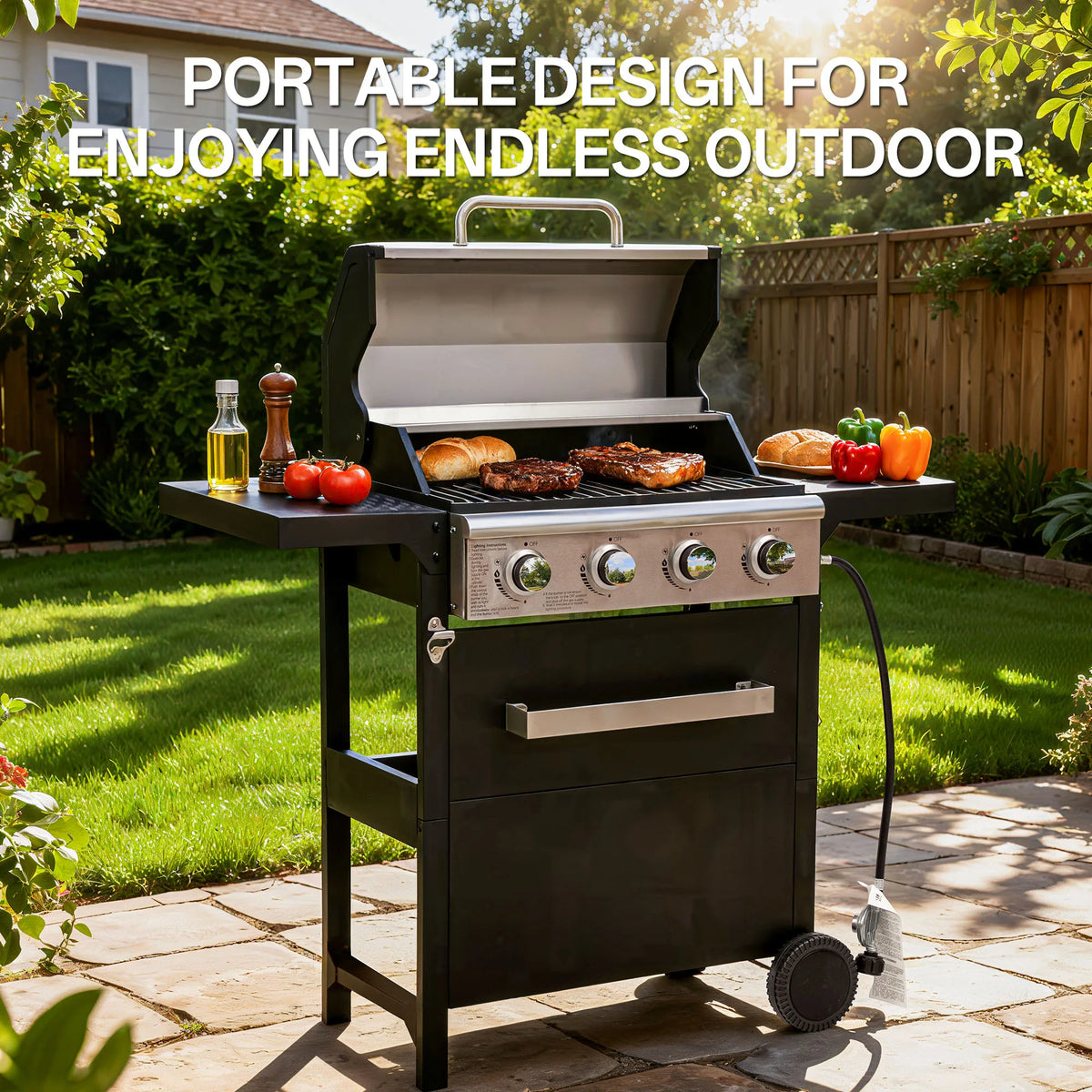 Outdoor Propane Gas Grill With Four Burners And Protective Cover