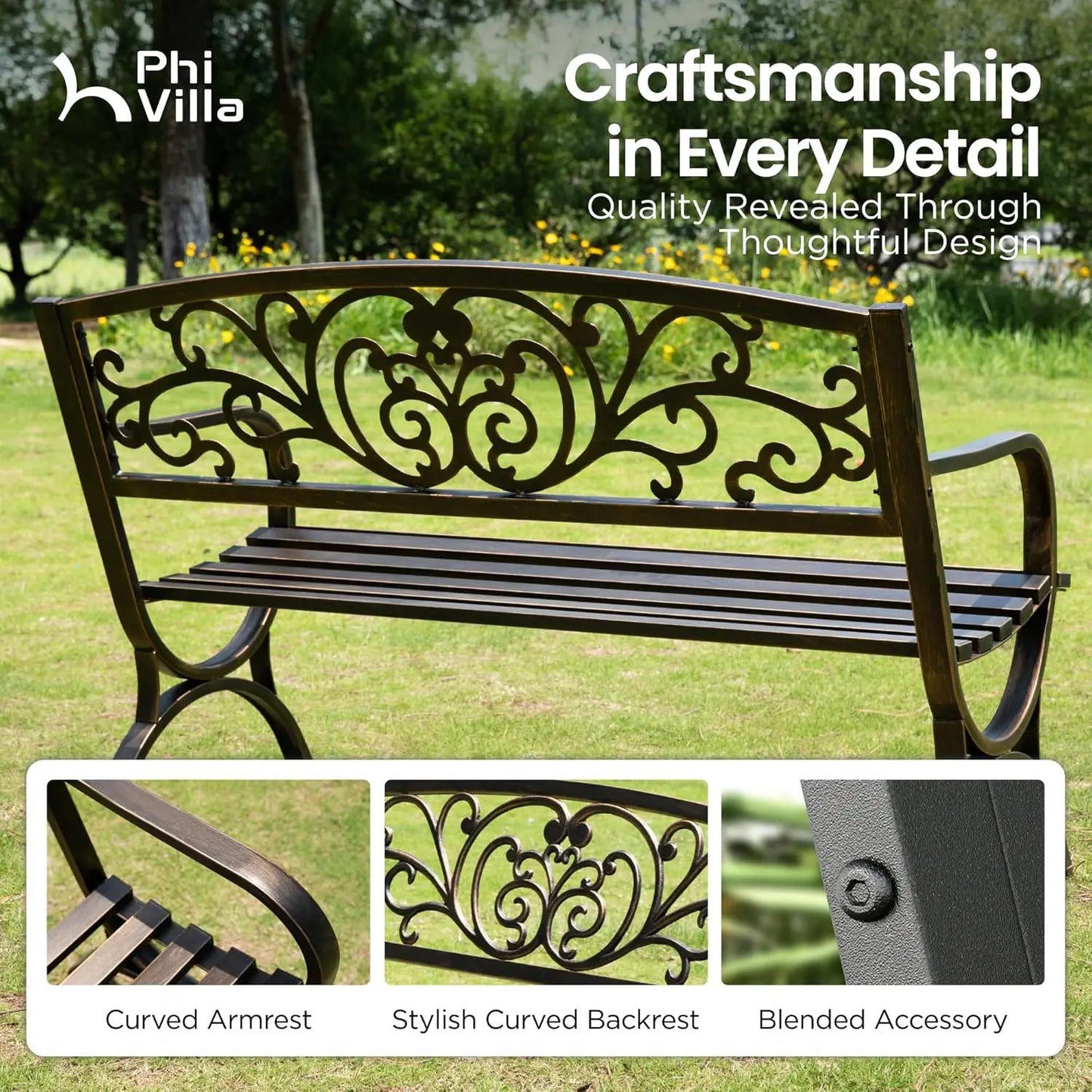 50in Cast Iron Steel Garden Bench Patio Chair w/Floral Backrest Slatted Seat Park Yard Porch Bronze, Customized