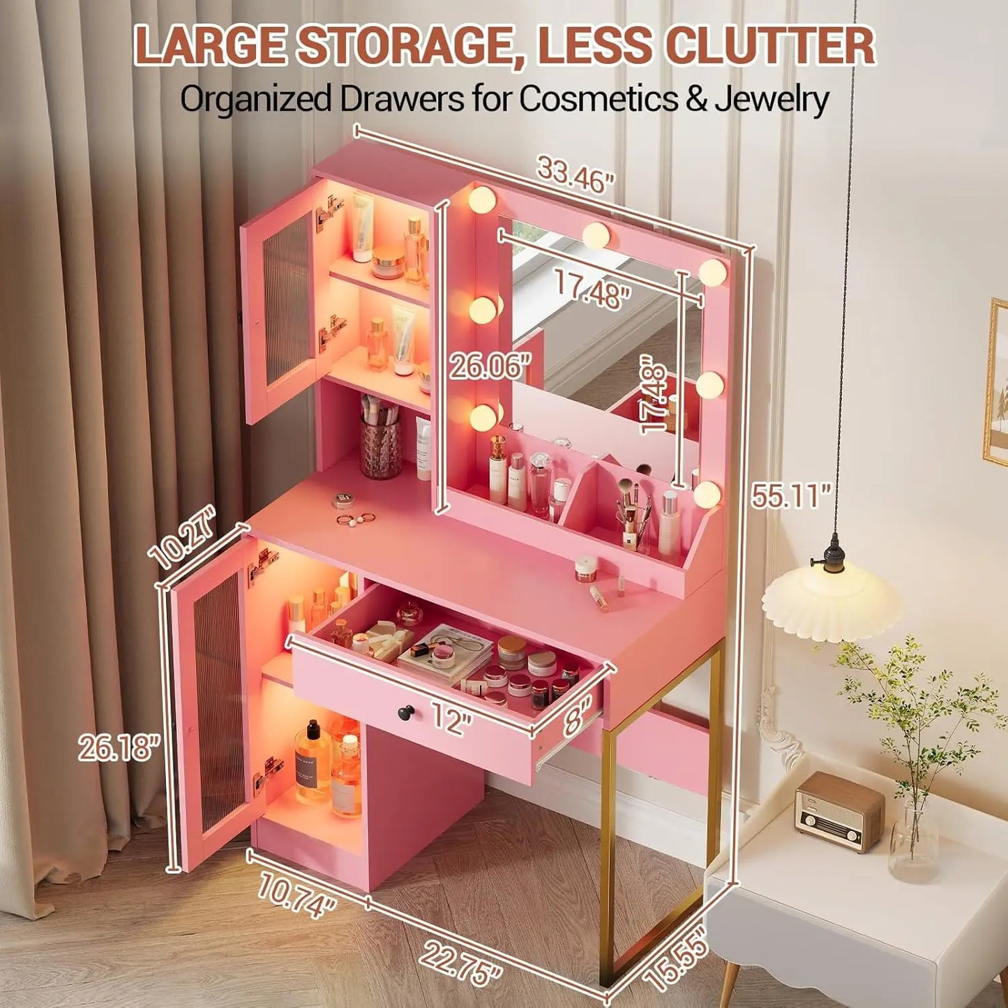 LED Vanity Mirror Desk With USB Charging And Storage Cabinet