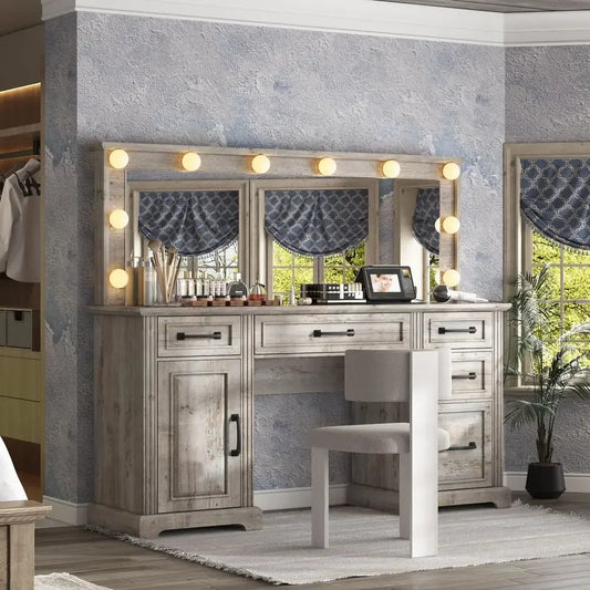 Makeup Vanity With Hollywood Mirror Top And Detachable Light Bulbs